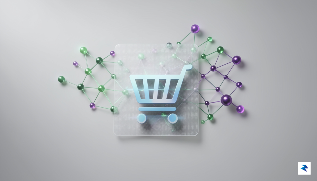 A conceptual illustration depicting a digital barrier separating a shopping…