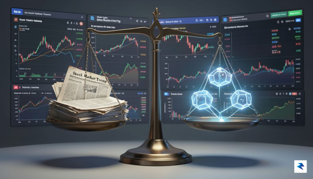 A conceptual digital illustration showing a balance scale, with traditional…
