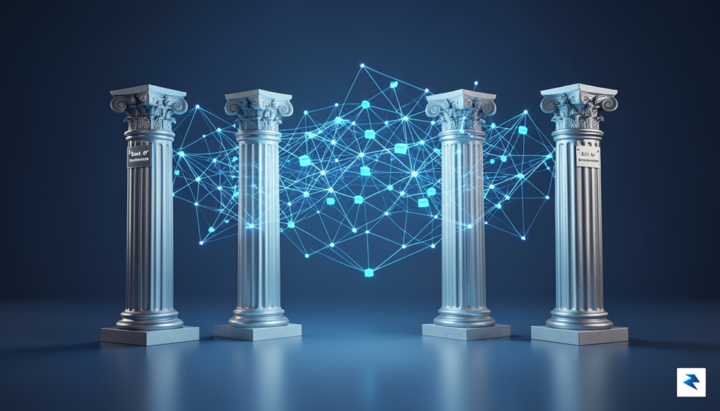 A modern, sleek digital visualization of a blockchain network connecting…
