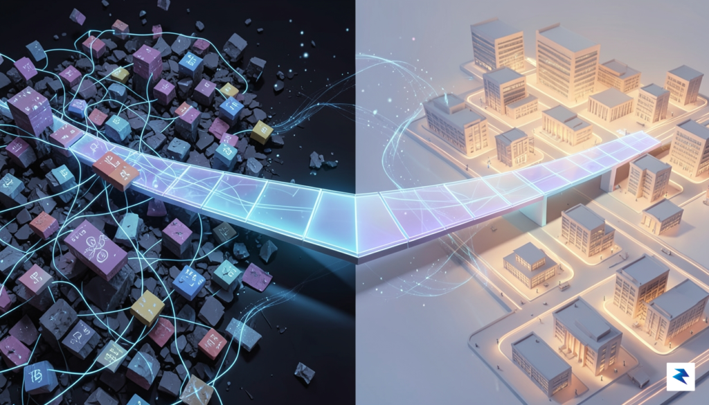 A conceptual illustration of a digital bridge connecting a chaotic,…