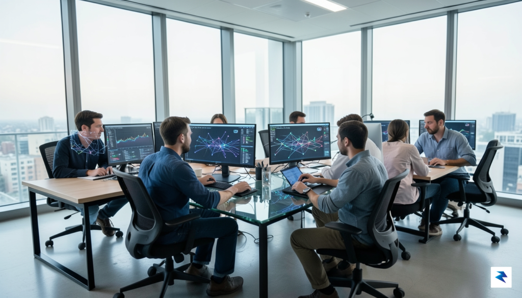 A modern, high-tech office workspace showing a team of developers…