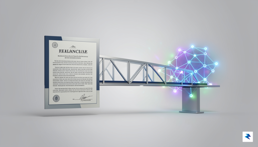 A modern, minimalist graphic showing a bridge connecting a traditional…