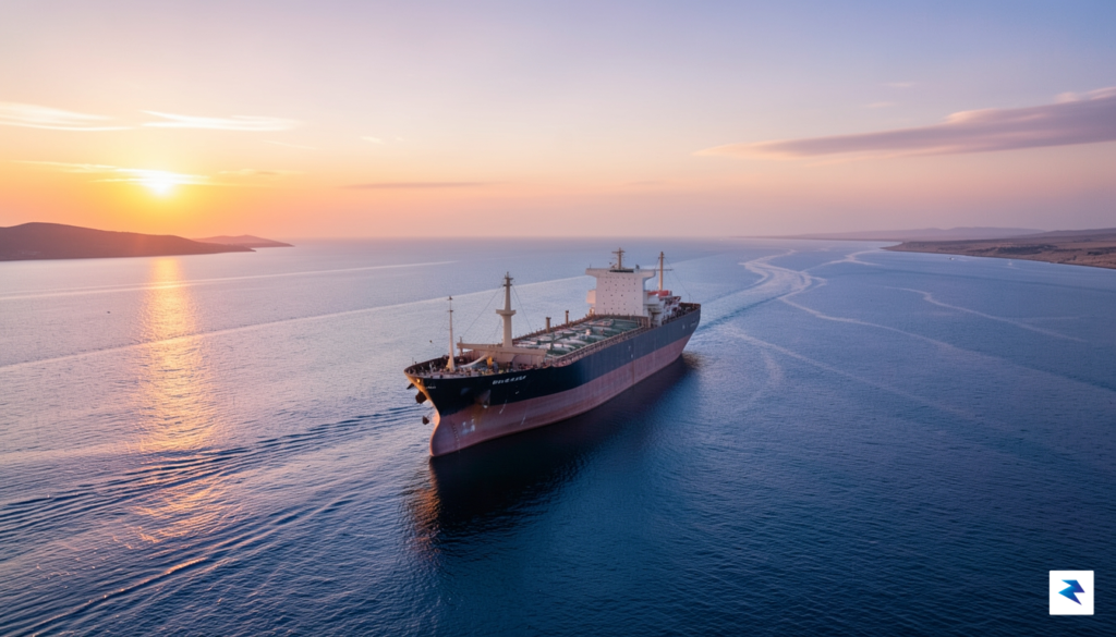 A wide-angle shot of a massive oil tanker navigating the&hellip;