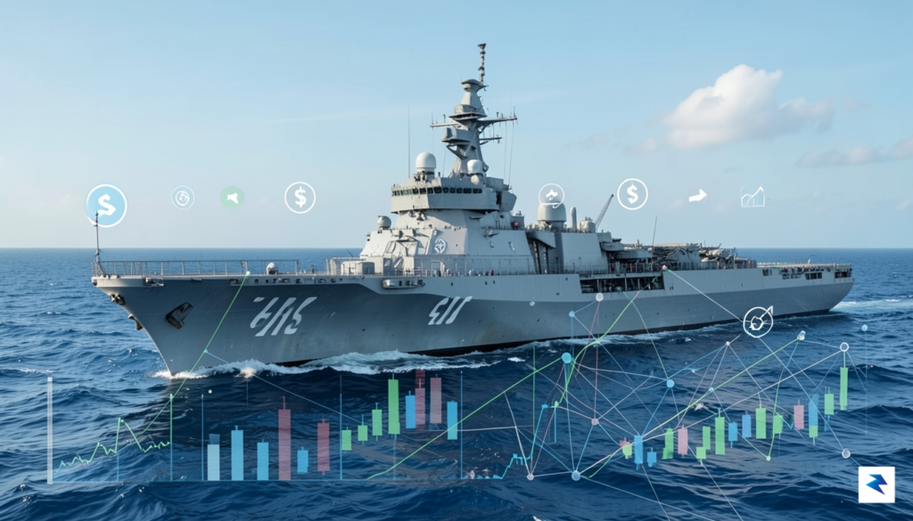 A wide-angle digital illustration showing a U.S. naval destroyer positioned&hellip;