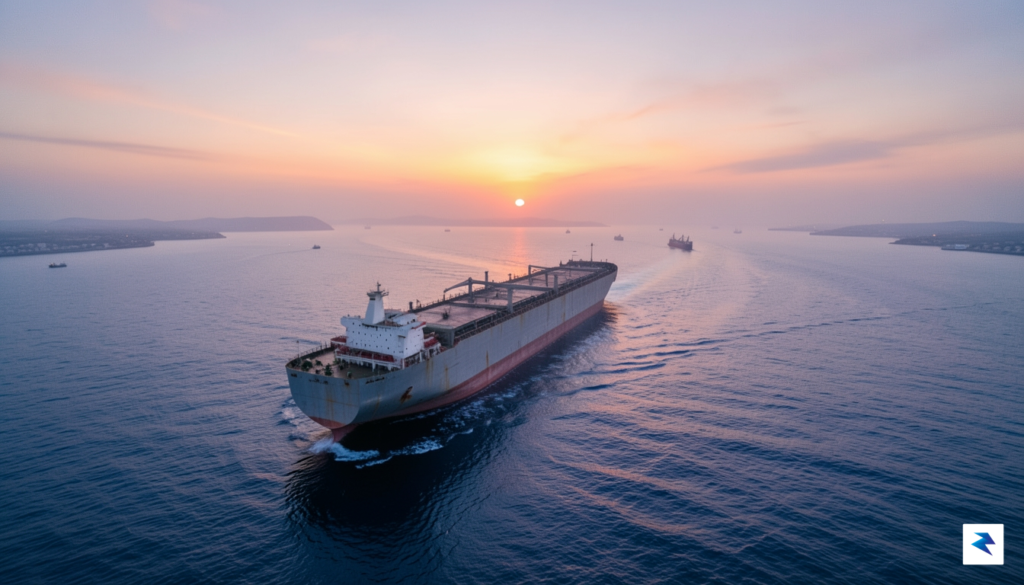A wide-angle aerial shot of a massive oil tanker navigating&hellip;
