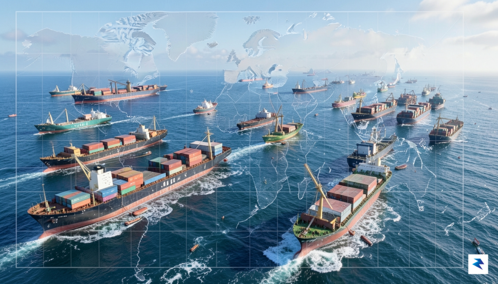A wide-angle digital illustration showing a busy international shipping lane&hellip;