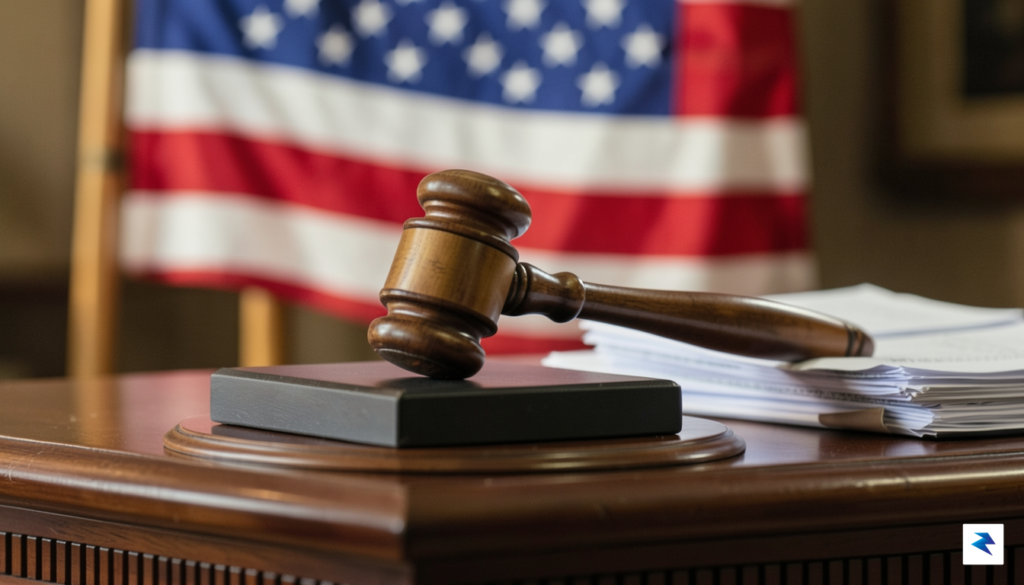 A gavel hitting a sound block on a judge's bench,…