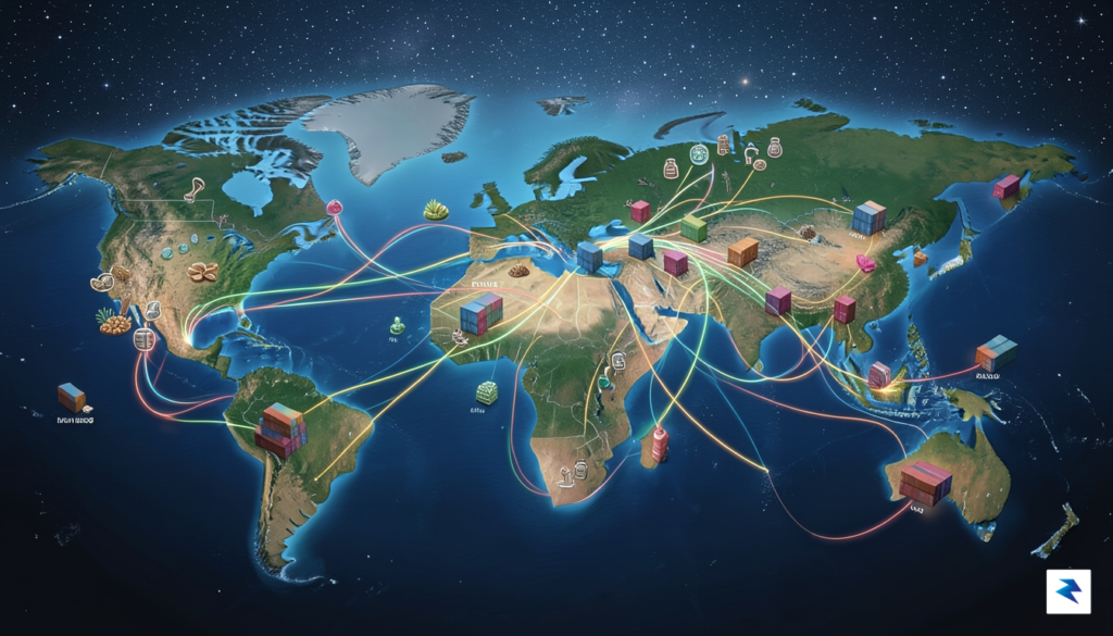 A conceptual illustration showing a global supply chain map with…