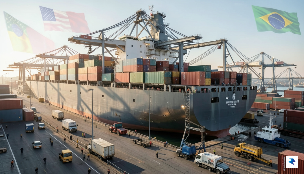 A wide-angle shot of shipping containers being loaded onto a…