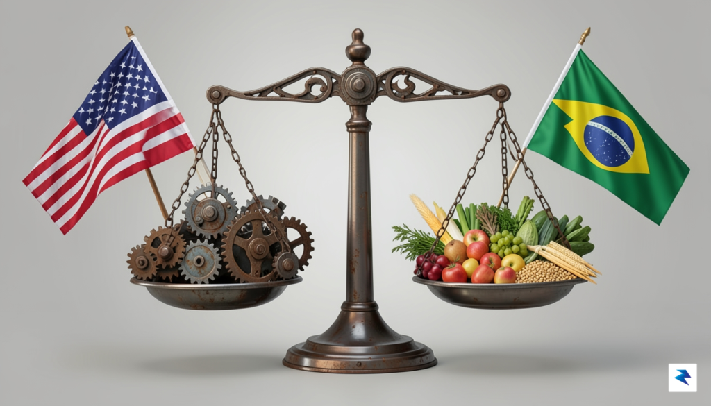 A conceptual digital illustration showing a balance scale weighing industrial…