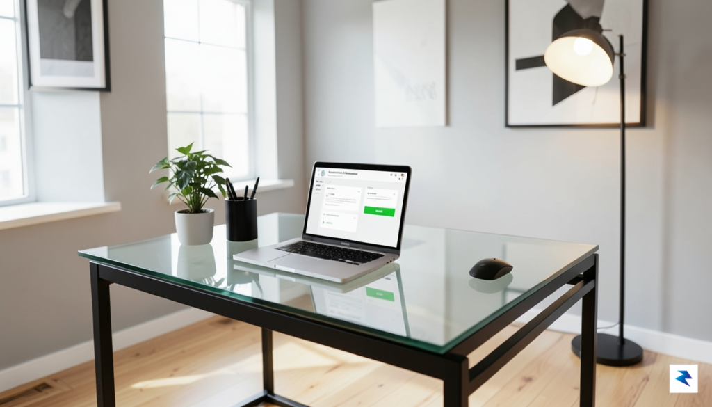 A modern, minimalist office workspace featuring a laptop screen displaying…