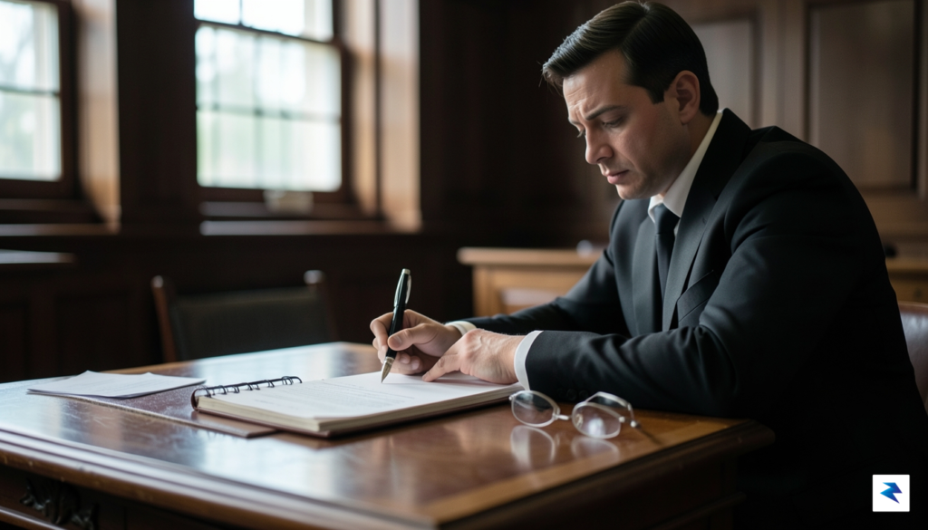 A close-up, high-resolution photo of a lawyer sitting at a&hellip;
