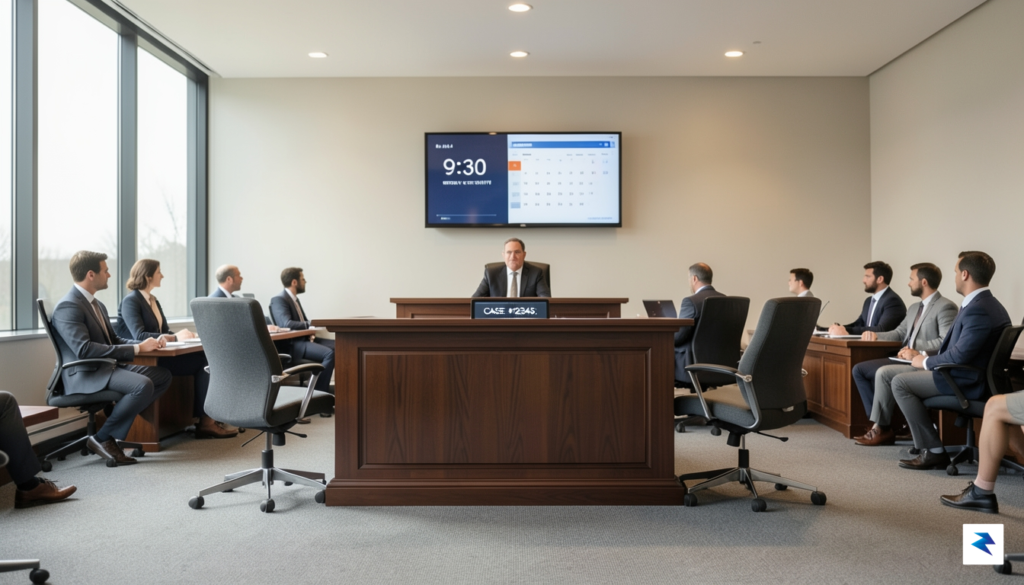 A modern, minimalist courtroom interior with a focus on a&hellip;
