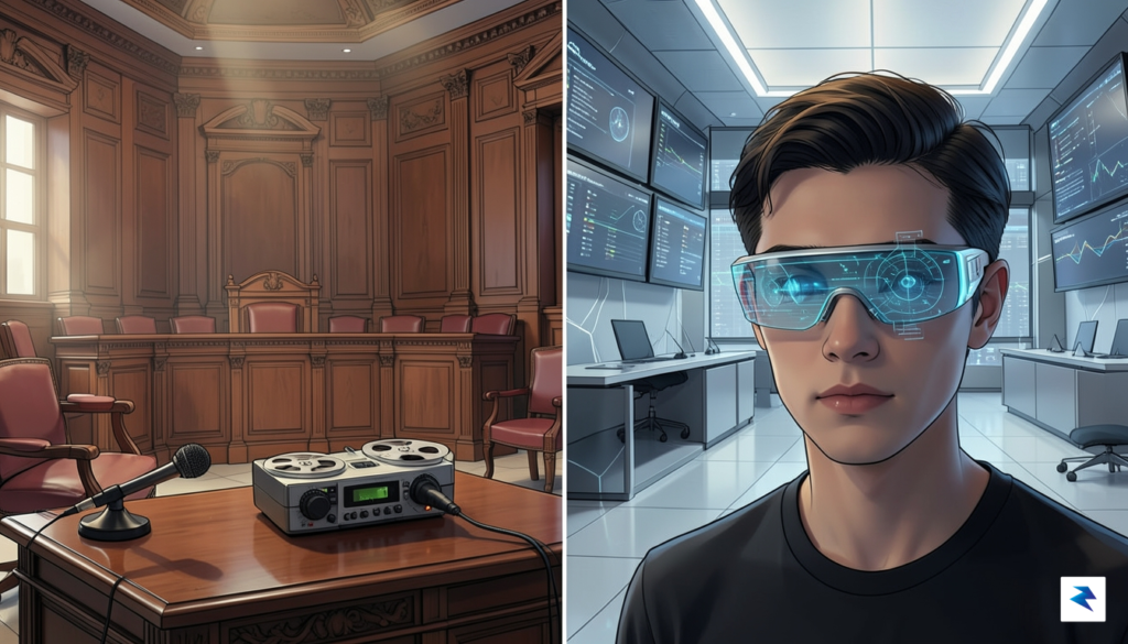 A conceptual split-screen illustration showing an old-fashioned courtroom with a&hellip;