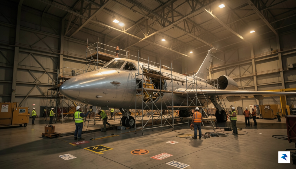 A wide-angle, cinematic shot of a massive hangar with a…