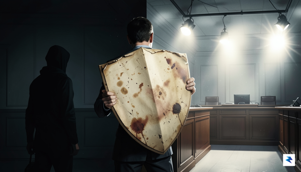 A conceptual illustration showing a journalist holding a shield made…