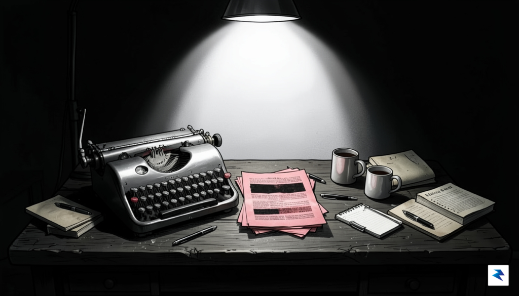 A conceptual illustration depicting a journalist's desk with a vintage…