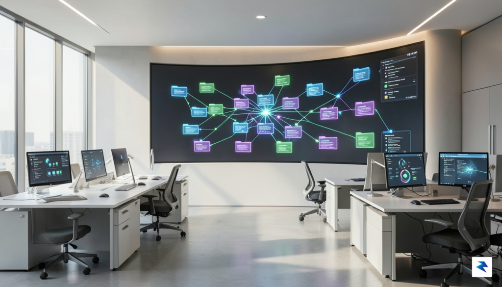 A modern, sleek government office with data visualization screens displaying…