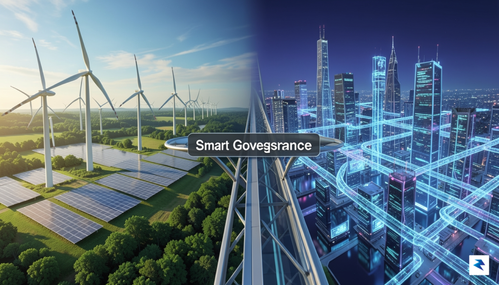 A conceptual digital illustration showing a clean, green energy landscape…