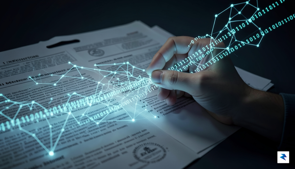 A conceptual digital illustration showing a human hand checking a…
