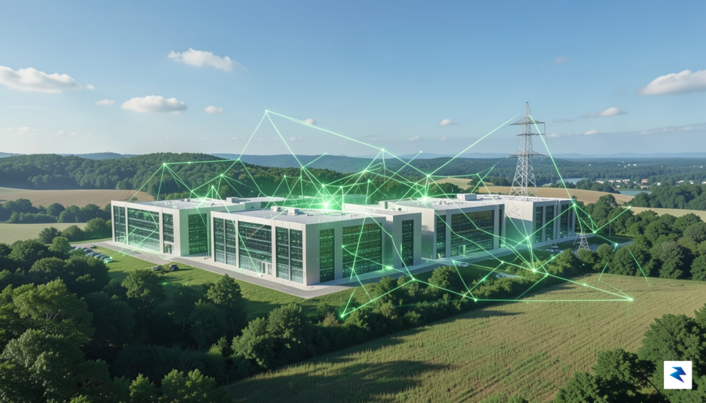 A wide-angle digital illustration of a modern, sleek data center…