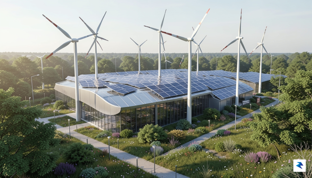 A modern, sustainable data center facility integrated into a landscape…