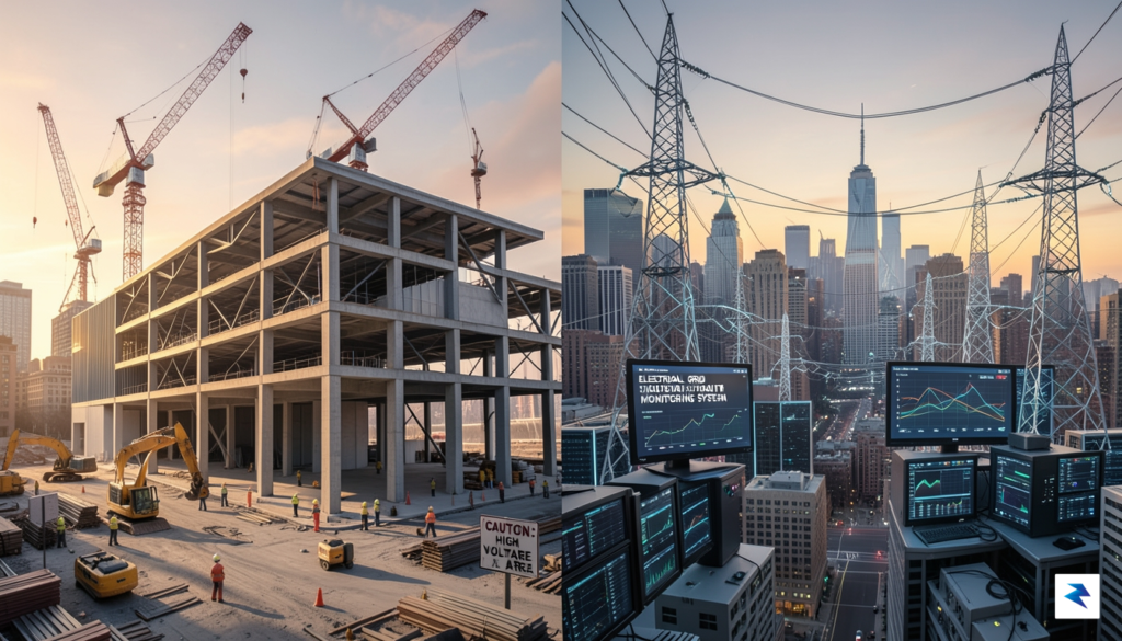 A wide-angle digital illustration showing a modern, partially constructed high-tech…