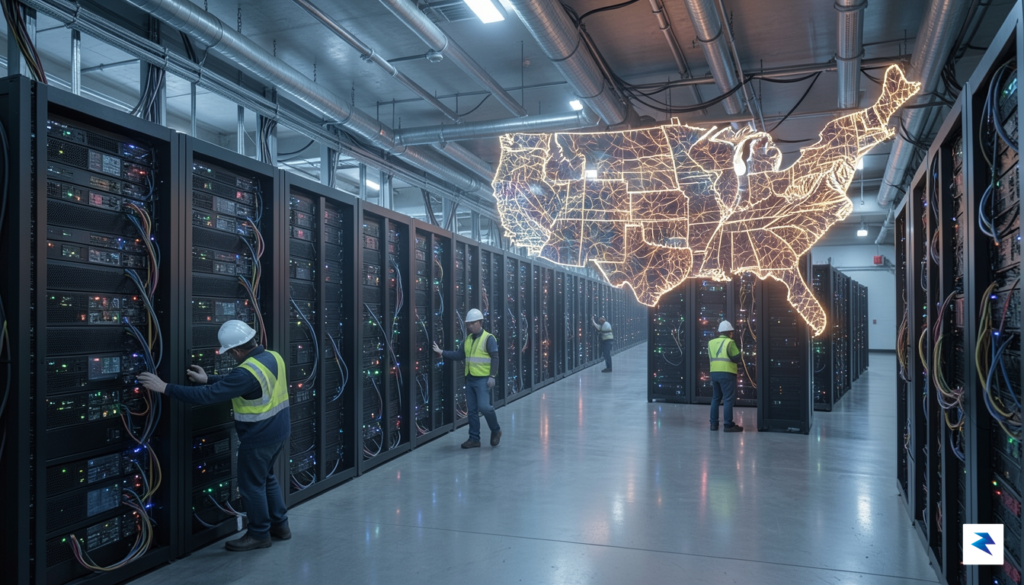 A conceptual image of a sprawling digital server farm landscape…