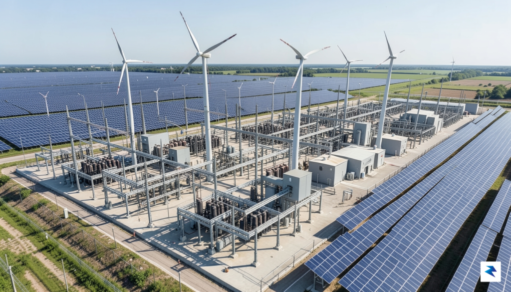An aerial view of a massive, modern electrical substation integrated&hellip;