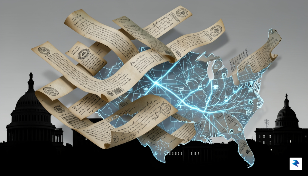A conceptual illustration showing a complex network of legal documents,&hellip;