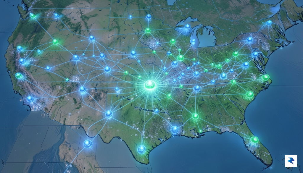 A conceptual digital illustration showing a vast, interconnected power grid&hellip;
