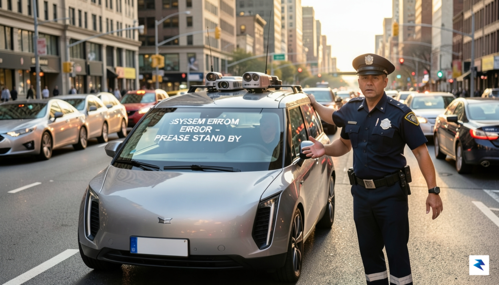 An autonomous vehicle, recognizable by its roof-mounted sensors, is stalled&hellip;