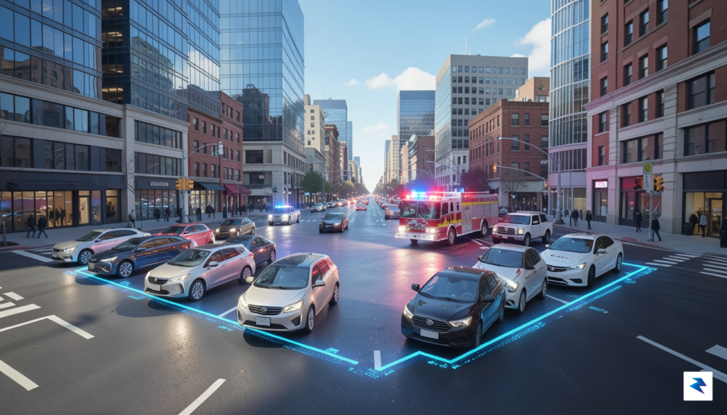 A wide-angle digital illustration showing a fleet of autonomous vehicles&hellip;