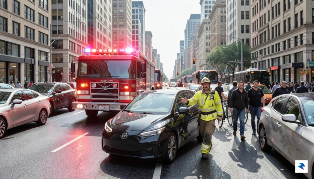 A wide-angle street-level photograph showing a fire truck with flashing&hellip;