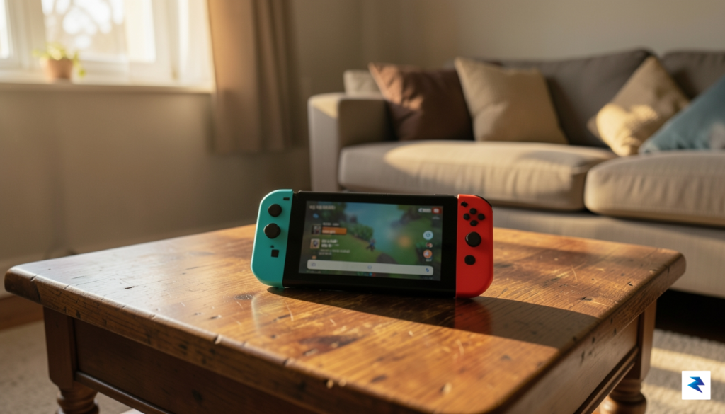 A high-resolution, cinematic shot of a Nintendo Switch console sitting…
