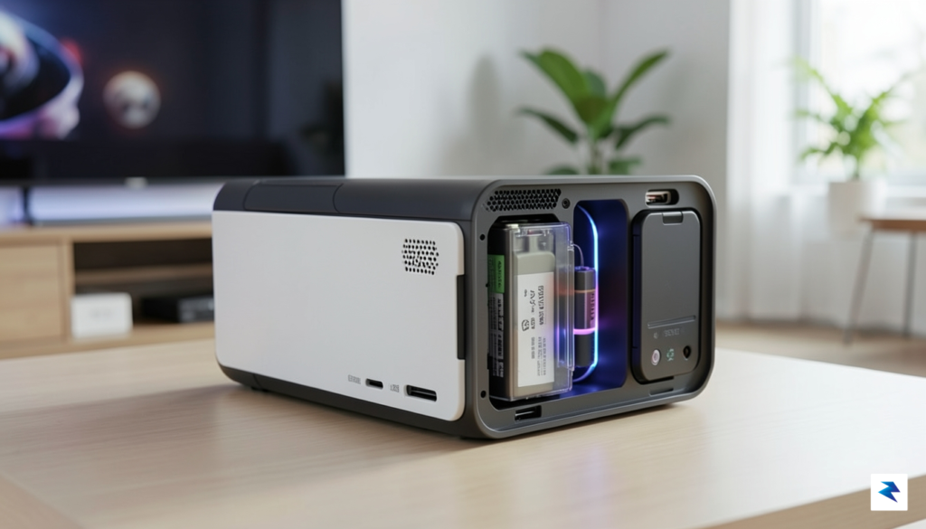 A conceptual design mockup of a modular gaming console showing…