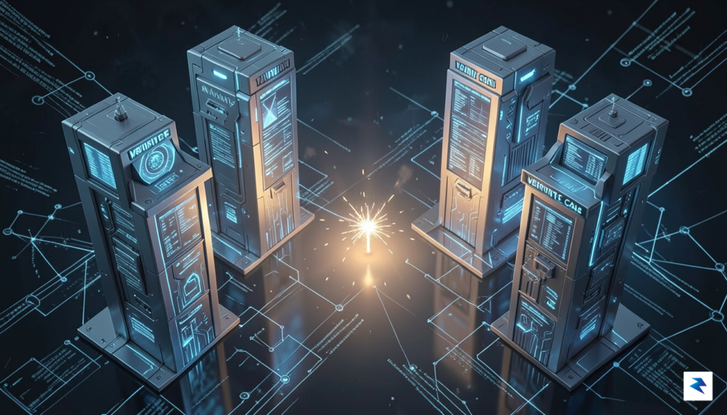 A conceptual digital illustration of a glowing, complex startup ecosystem…