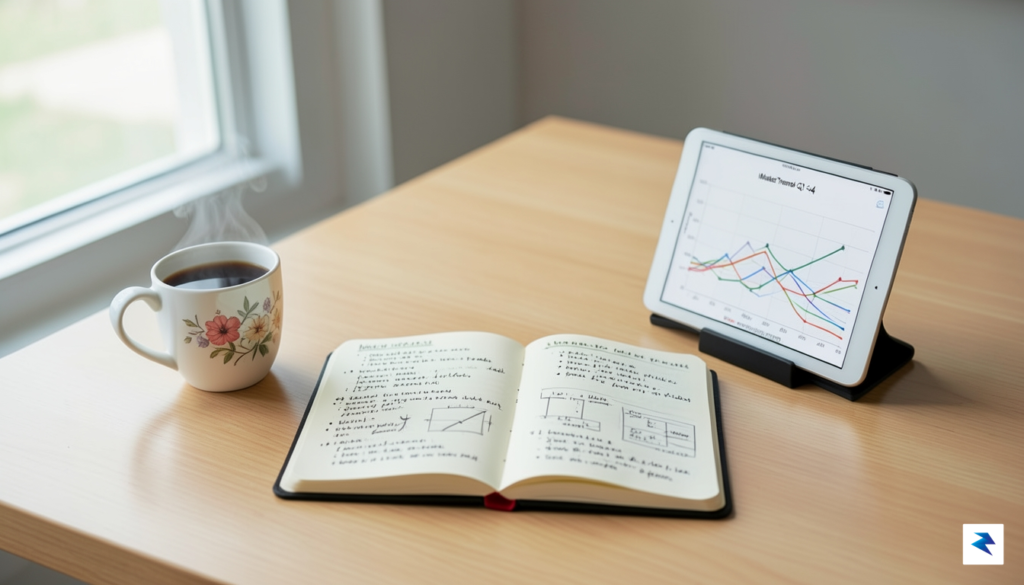 A clean, minimalist flat-lay photograph showing a notebook filled with…