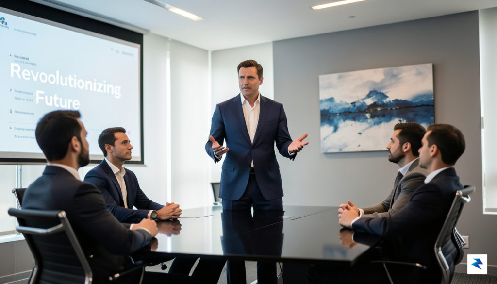 A close-up, high-contrast photograph of a founder passionately presenting to…