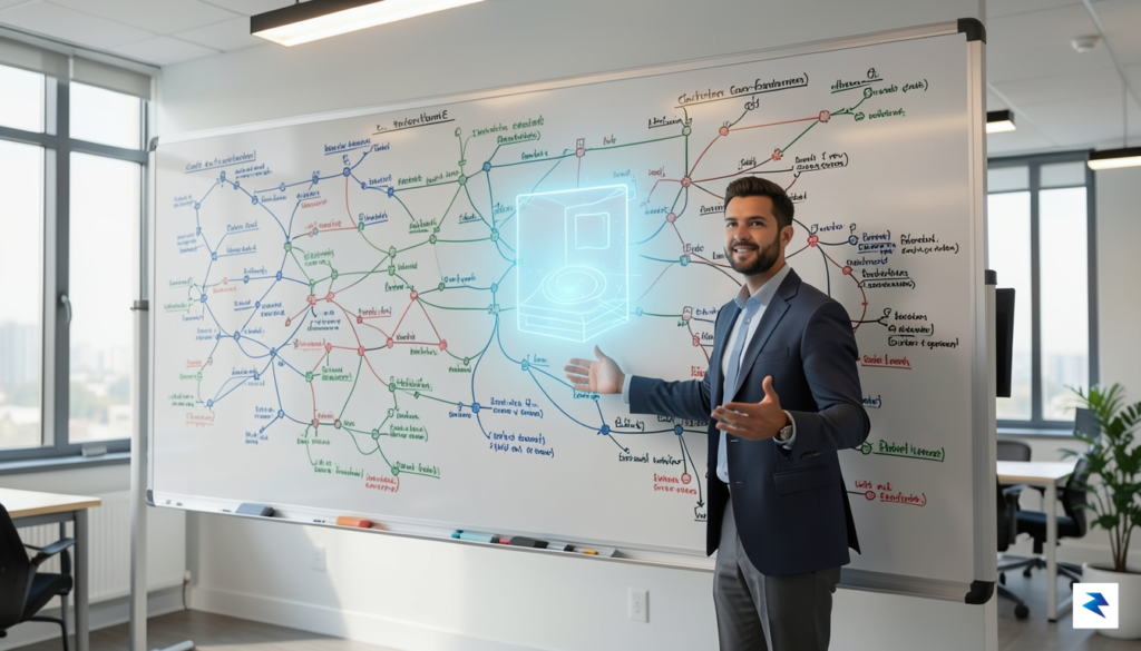 A conceptual illustration showing a founder standing in front of…