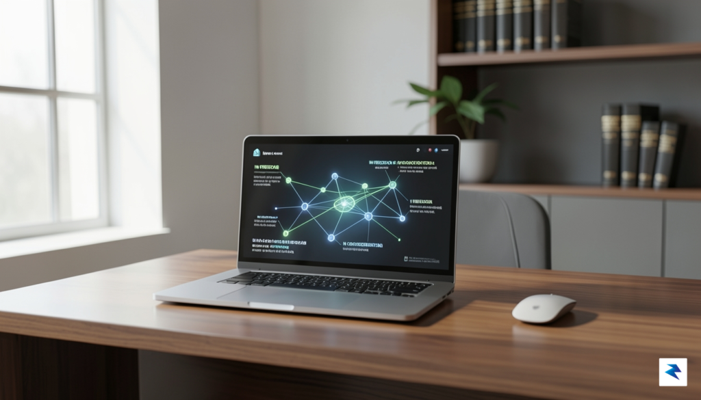 A modern, minimalist law office desk featuring a sleek laptop…