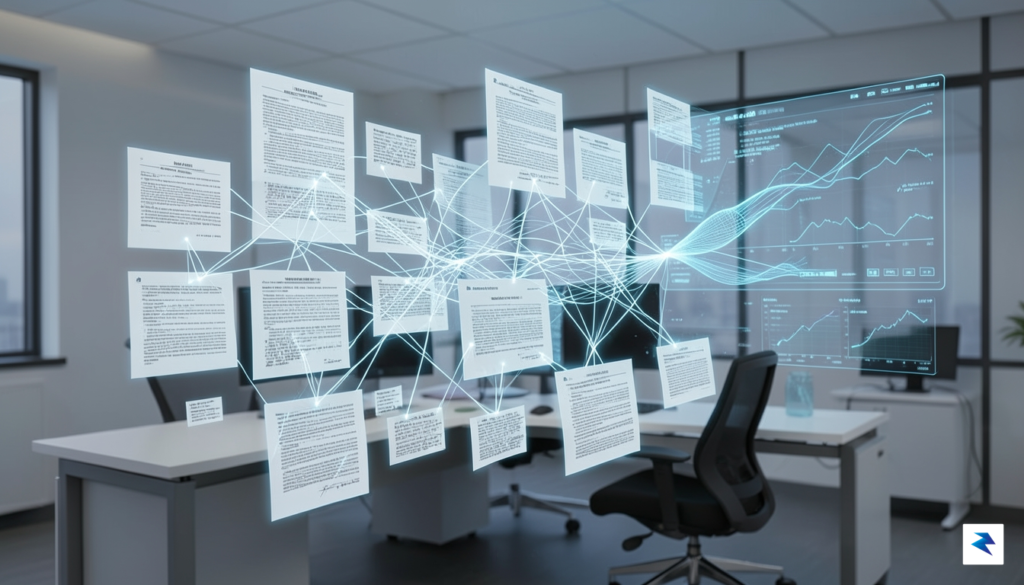 A conceptual digital illustration showing a glowing, structured legal document…