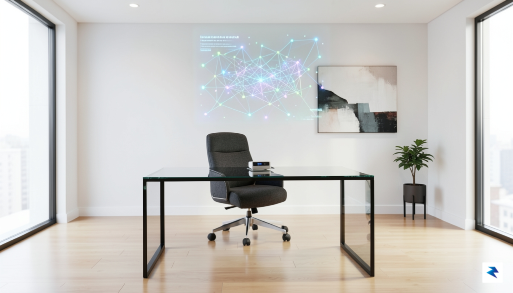 A modern, minimalist law office interior with a sleek glass…