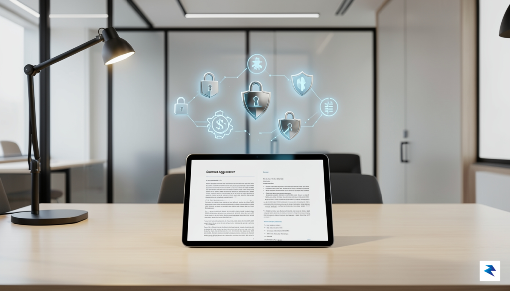 A modern, minimalist office setting showing a digital interface on…