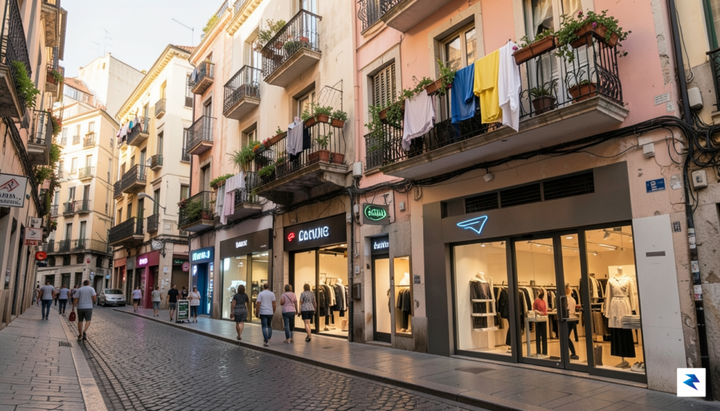 A wide-angle street-level photograph of a narrow, historic Barcelona side&hellip;