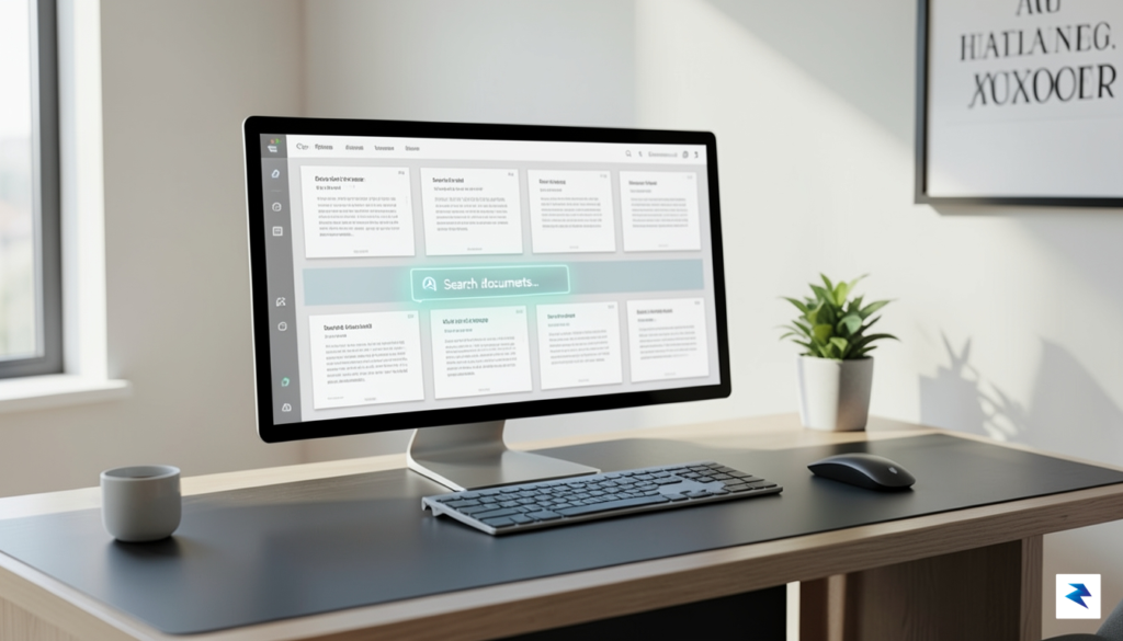 A clean, minimalist workspace showing a digital interface with organized…