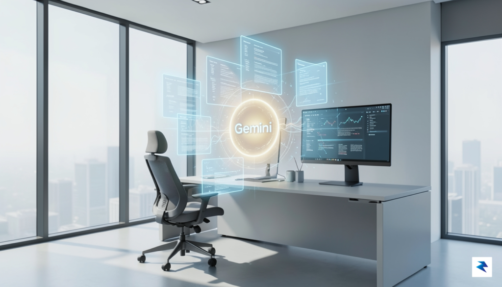 A conceptual digital illustration showing a clean, modern workspace with…