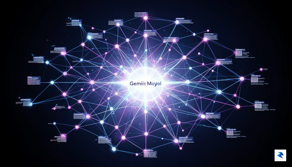 A conceptual digital visualization showing a network of interconnected nodes…