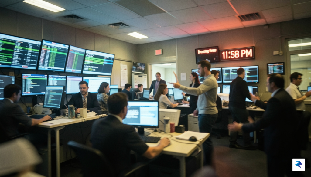 A conceptual image showing a blurred, fast-paced newsroom environment with&hellip;