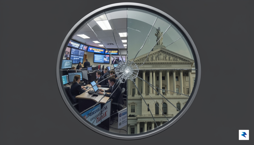 A conceptual digital illustration showing a cracked glass lens reflecting&hellip;